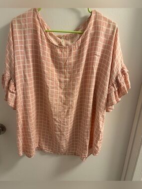 Coco Kelly Pink Windowpane Check Ruffle Sleeve Top Size XL